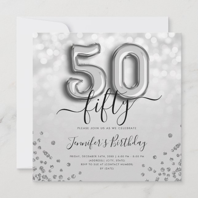 Silver Balloon Glitter 50th Birthday Party Invite (Front)