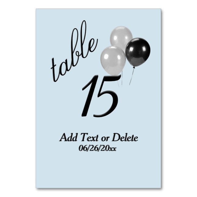 Silver Balloons Custom Blue Text Table Number (Front)