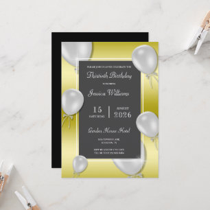 Silver Balloons & Gold Unisex Birthday Party Invitation