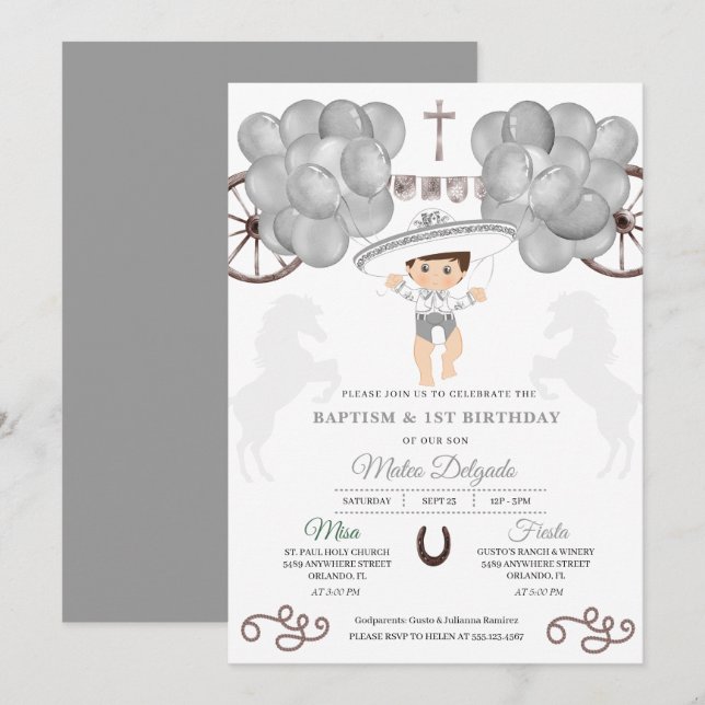 Silver Balloons Mexican Baby Boy Charro Baptism Invitation (Front/Back)