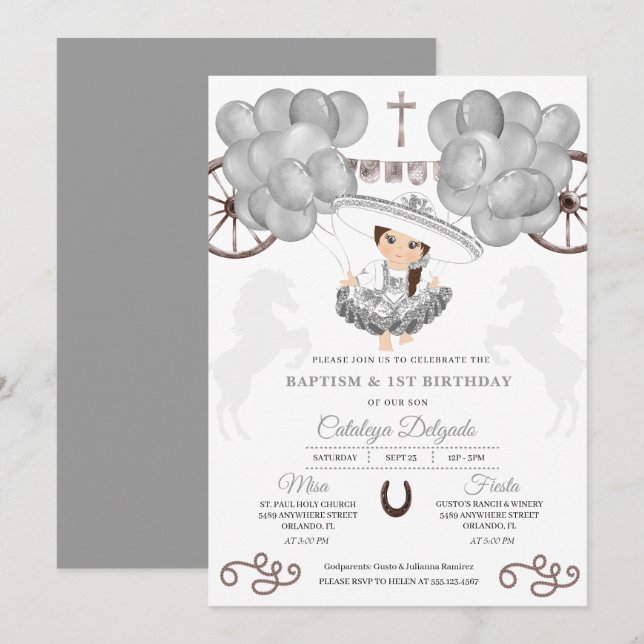 Silver Balloons Mexican Baby Charra Bautizo Invitation (Front/Back)