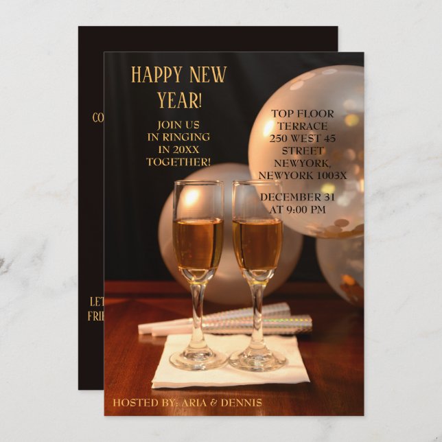Silver balloons   New Year Champagne Flutes Invitation (Front/Back)