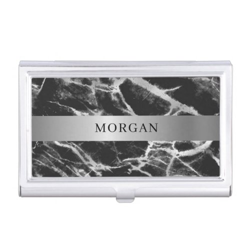 Silver Band Black  Grey Marble Name Business Card Case