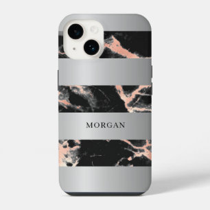 Silver Bands, Black & Rose Gold Marble, Name iPhone 14 Case