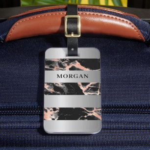 Silver Bands, Black & Rose Gold Marble, Name Luggage Tag