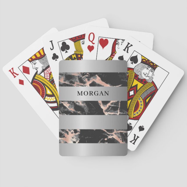 Silver Bands, Black & Rose Gold Marble, Name Poker Cards (Back)