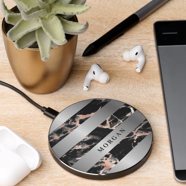 Silver Bands, Black & Rose Gold Marble, Name Wireless Charger (Desk 2)