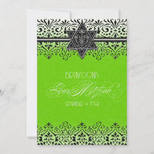 Silver Bar Mitzvah Green Black n White Lace Invitation