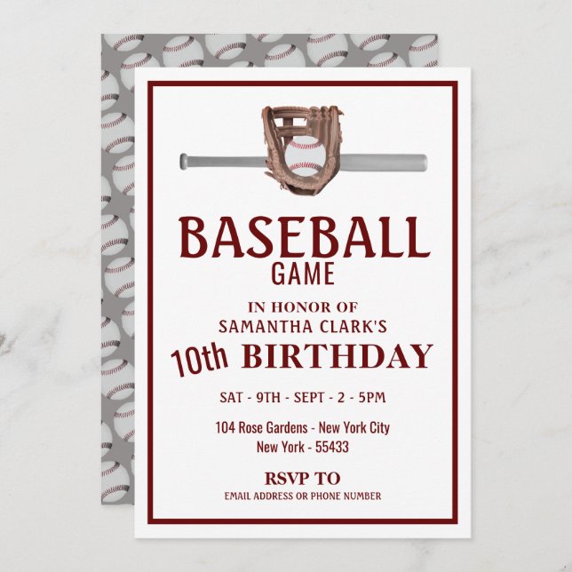 Silver Baseball Bat, Baseball Game Birthday Party Invitation (Front/Back)