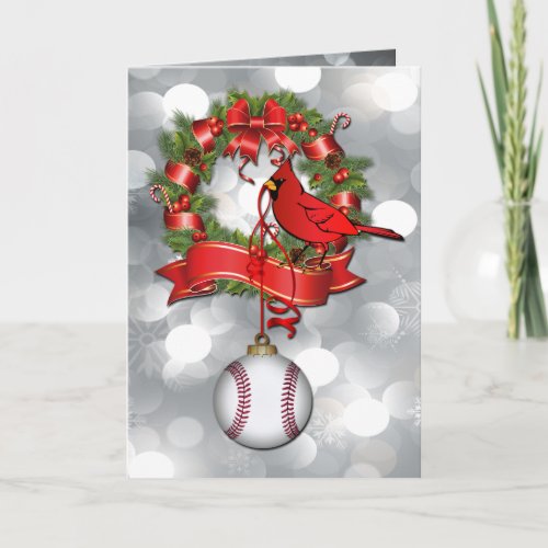 Silver  Baseball Christmas Red Bird Holiday Card