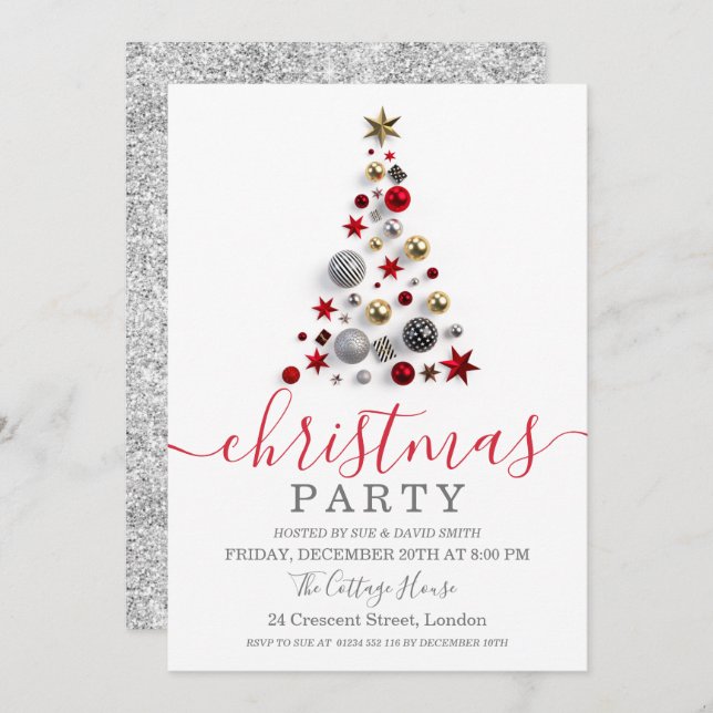 Silver Bauble Tree Holiday Christmas Glitter Invitation (Front/Back)