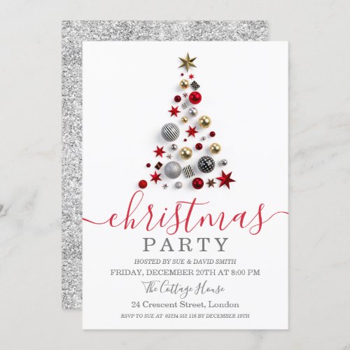 Silver Bauble Tree Holiday Christmas Glitter Invitation