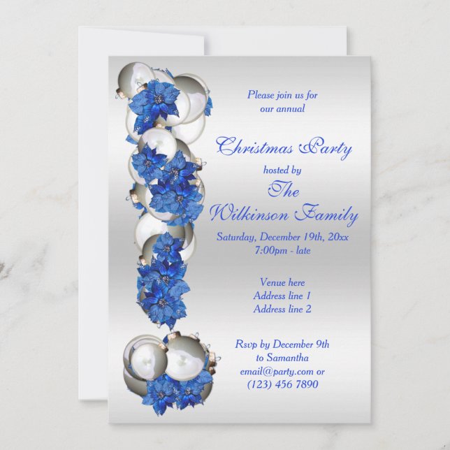 Silver Baubles & Blue Poinsettia Christmas Party Invitation (Front)