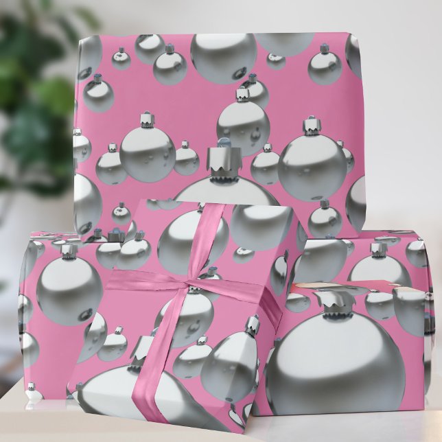 Silver Baubles Hot Pink Christmas Wrapping Paper (A bold pink and silver Christmas Ornament pattern gift wrap just for you)