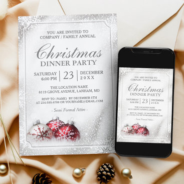Silver Baubles Snowflakes Christmas Holiday Party Invitation