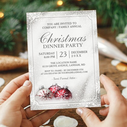 Silver Baubles Snowflakes Christmas Holiday Party Invitation