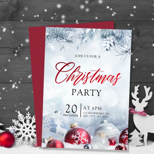 Silver Baubles Snowflakes Christmas Holiday Party  Invitation