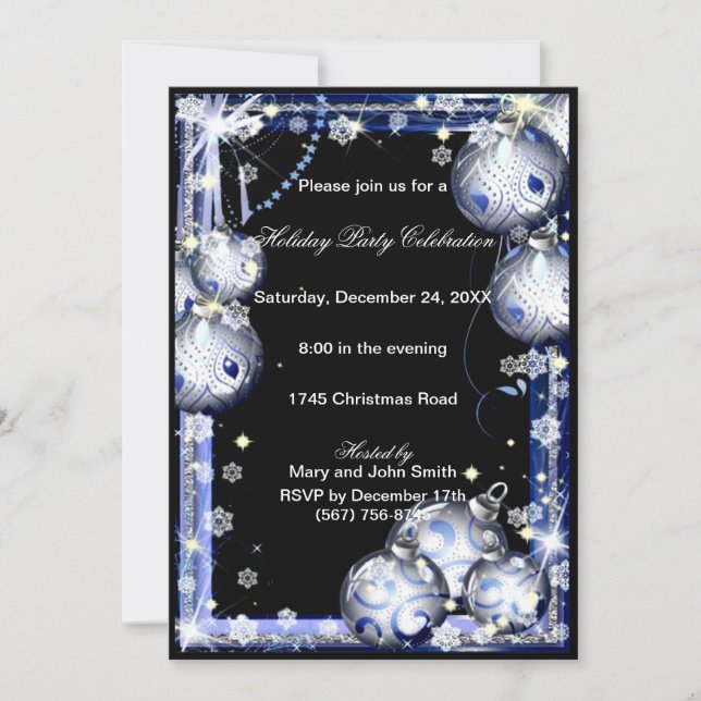 Silver Baubles Snowflakes Christmas Party Invite (Front)