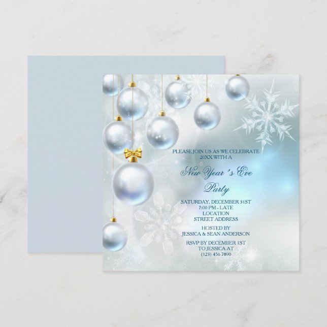 Silver Baubles & Snowflakes New Year´s Eve Party Invitation (Front/Back)