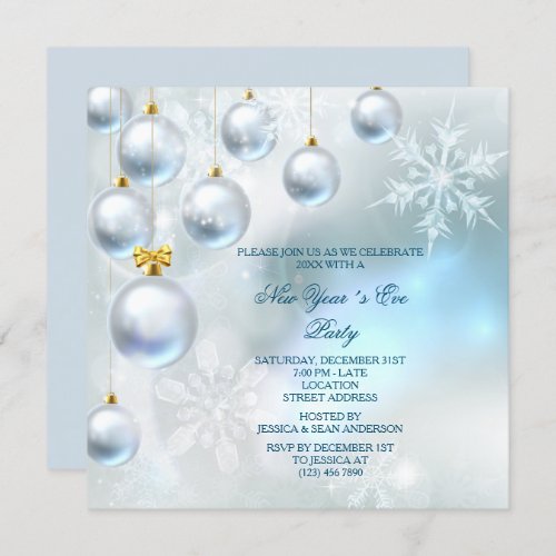 Silver Baubles  Snowflakes New Years Eve Party Invitation