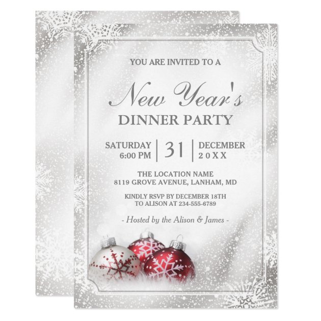 Silver Baubles Snowflakes New Year's Dinner Party Invitation