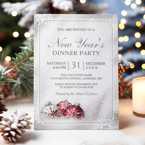 Silver Baubles Snowflakes New Year's Dinner Party Card