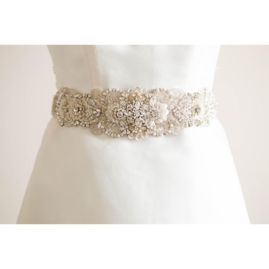 Silver Beaded Bridal Sash w/ White Ribbon (Front)