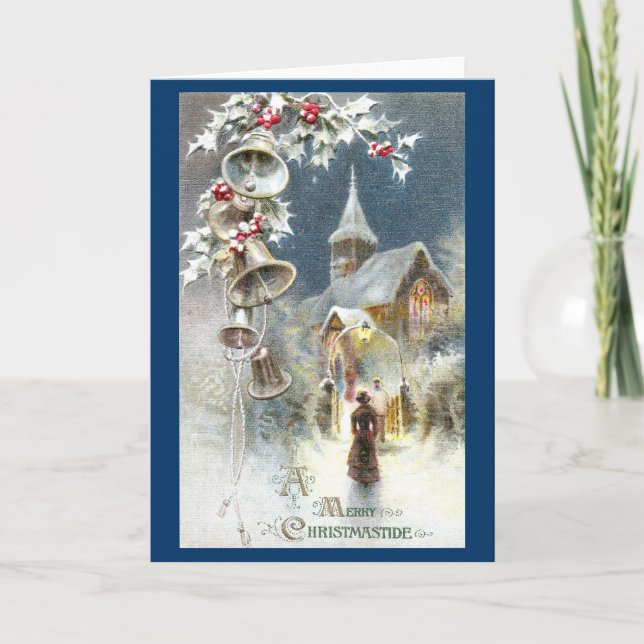 Silver Bells and Church Vintage Christmas Holiday Card (Front)