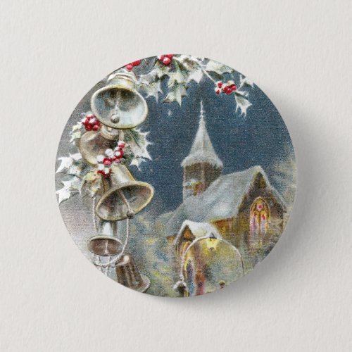 Silver Bells and Church Vintage Christmas Pinback Button