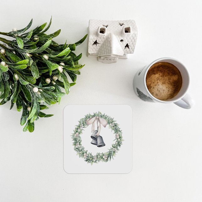 Silver Bells and Mistletoe Wreath Beverage Coaster (Mistletoe Silver Bells Coaster)