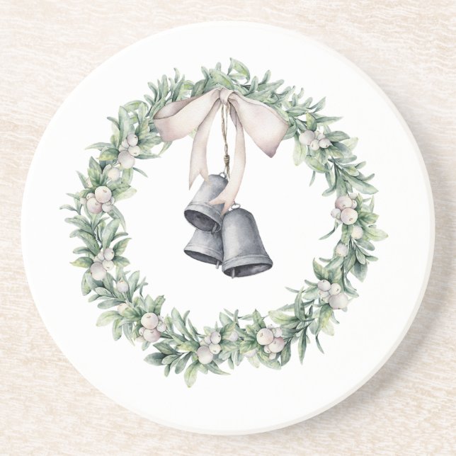 Silver Bells and Mistletoe Wreath Coaster (Front)