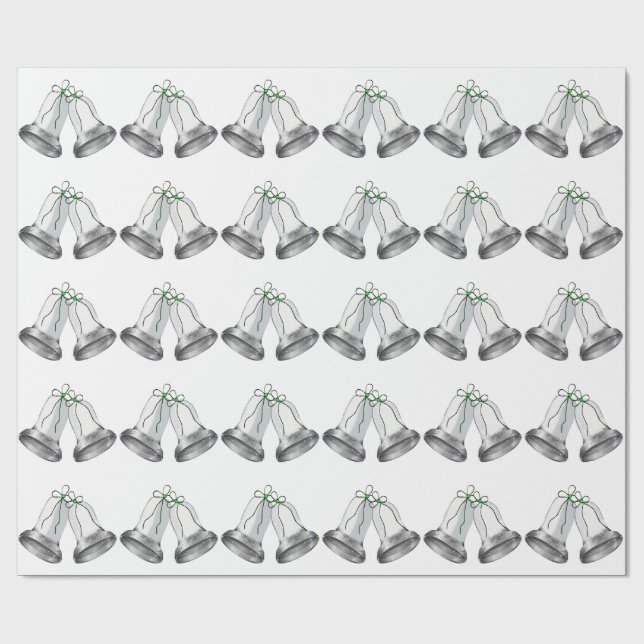 Silver Bells Green Ribbon White Wrapping Paper (Flat)