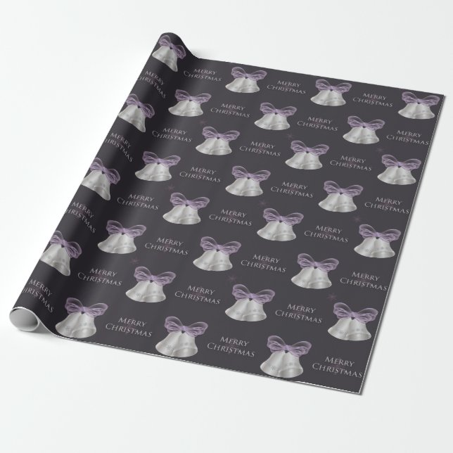 Silver Bells & Purple Bow Merry Christmas Wrapping Paper (Unrolled)