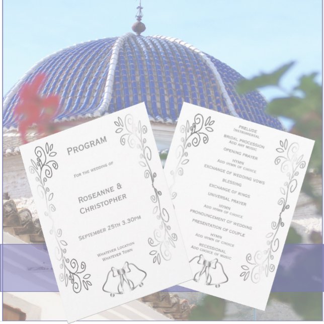 Silver Bells Scrollwork Design Wedding Program (Silver wedding church program bells and scrollwork design)