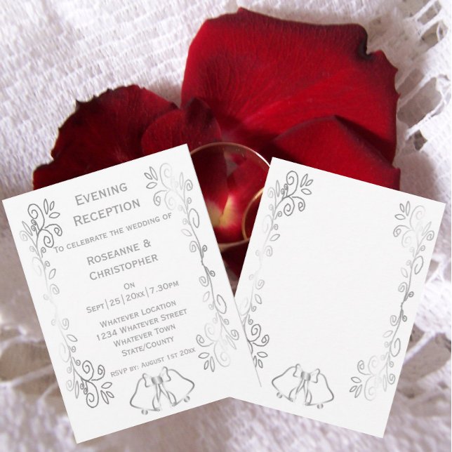 Silver Bells Scrollwork Wedding Reception Invitation (Silver wedding reception invitation bells and scrollwork design)