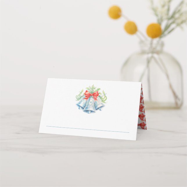 Silver bells watercolor green red christmas event place card (Front)