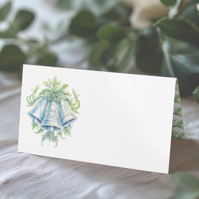 Silver bells watercolor greenery monogram wedding place card (Creator Uploaded)