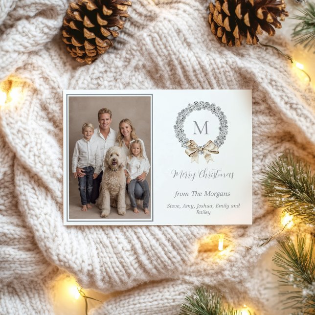 Silver Bells Wreath Monogram Photo  Holiday Card (Silver Bells Wreath Photo Holiday Card)
