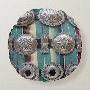 Silver belts for sale, Santa Fe, New Mexico. USA Round Pillow