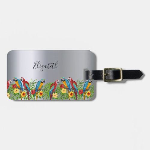 Silver birds parrots red blue monogram luggage tag