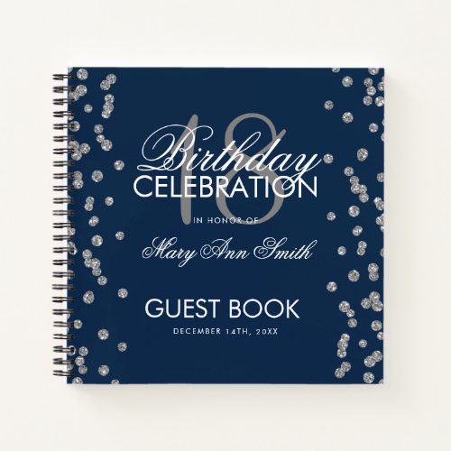 Silver Birthday Guestbook Glitter Confetti Navy Notebook