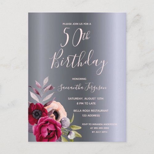 Silver birthday party burgundy florals invitation postcard