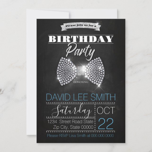 Silver Birthday Party Diamonds bow-tie Invitation (Front)
