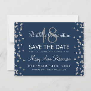 Silver Birthday Save Date Glitter Confetti Navy Save The Date