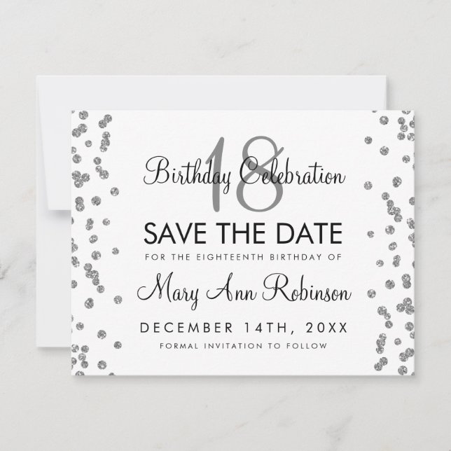 Silver Birthday Save Date Glitter Confetti White Save The Date (Front)