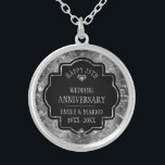 Silver & Black 25th Wedding Anniversary Plated Necklace<br><div class="desc">Image of a silver,  shiny floral damask with white diamonds and customizable text,  '25th Wedding Anniversary.</div>