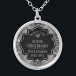 Silver & Black 25th Wedding Anniversary Silver Plated Necklace<br><div class="desc">Image of a silver,  shiny floral damask with white diamonds and customizable text,  '25th Wedding Anniversary.</div>