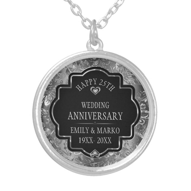 Silver & Black 25th Wedding Anniversary Silver Plated Necklace (Front)