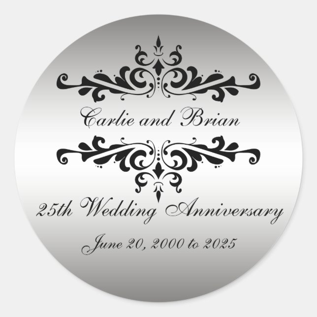 Silver Black 25th Wedding Anniversary Stickers (Front)