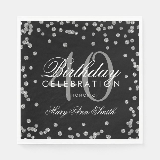 Silver Black 40th Birthday Glitter Confetti Napkins (Front)